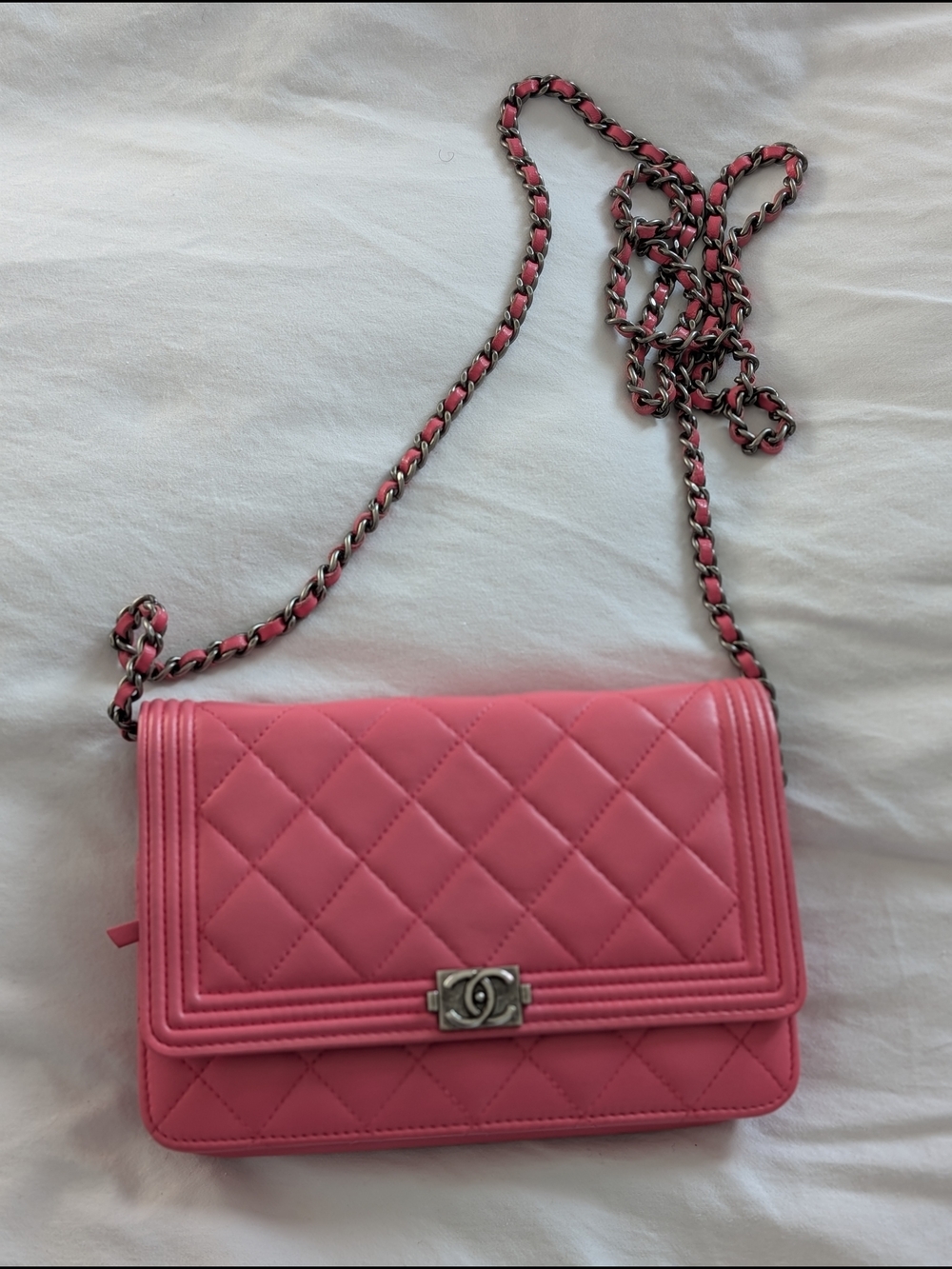 Pink Lambskin Boy Wallet on Chain (WOC)